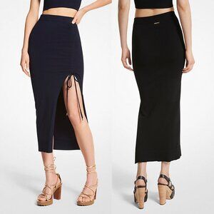 MICHAEL KORS Ruched Knit Slit Skirt Black with Gold Hardware Size XS